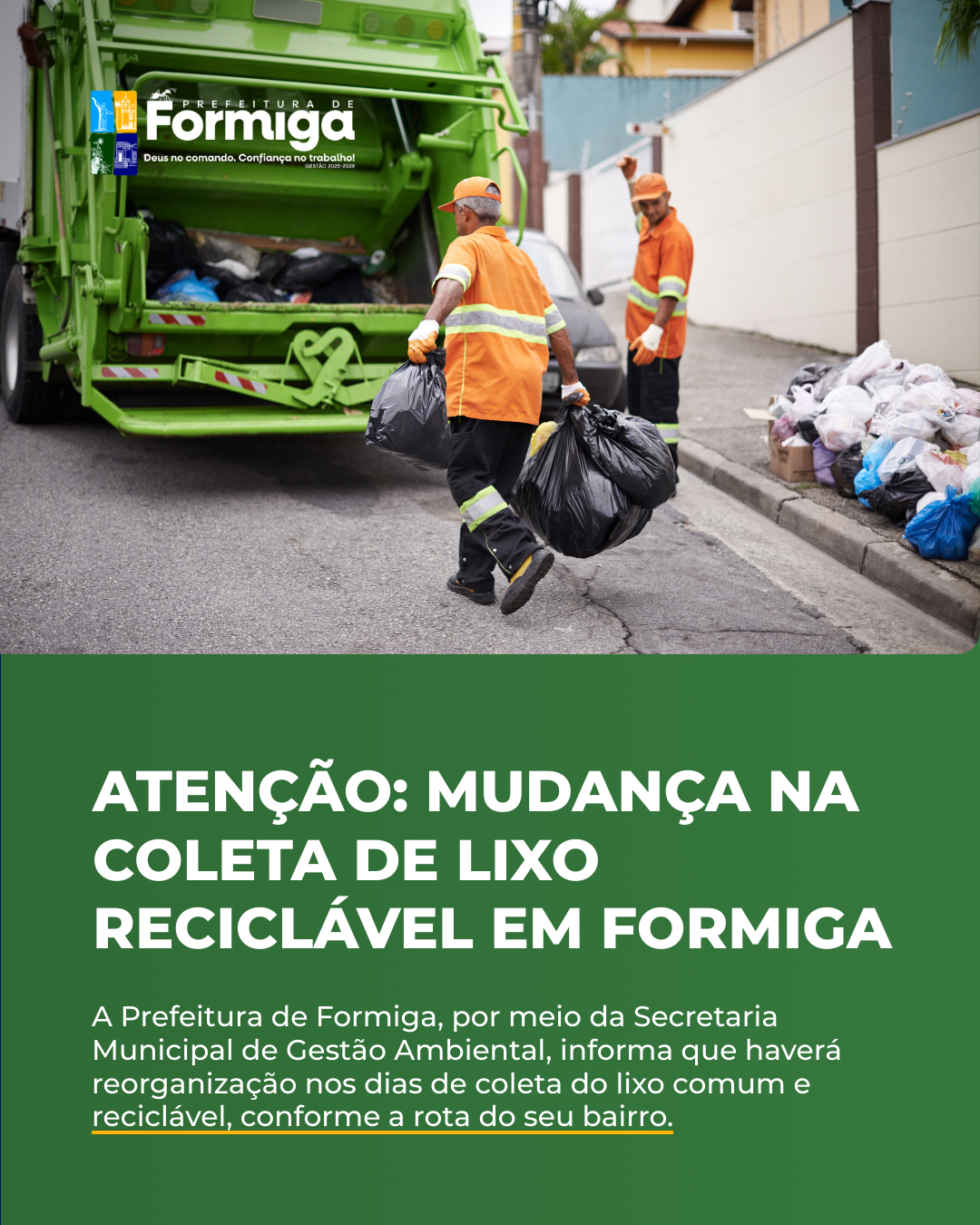 Atenção: mudança na coleta de lixo em Formiga