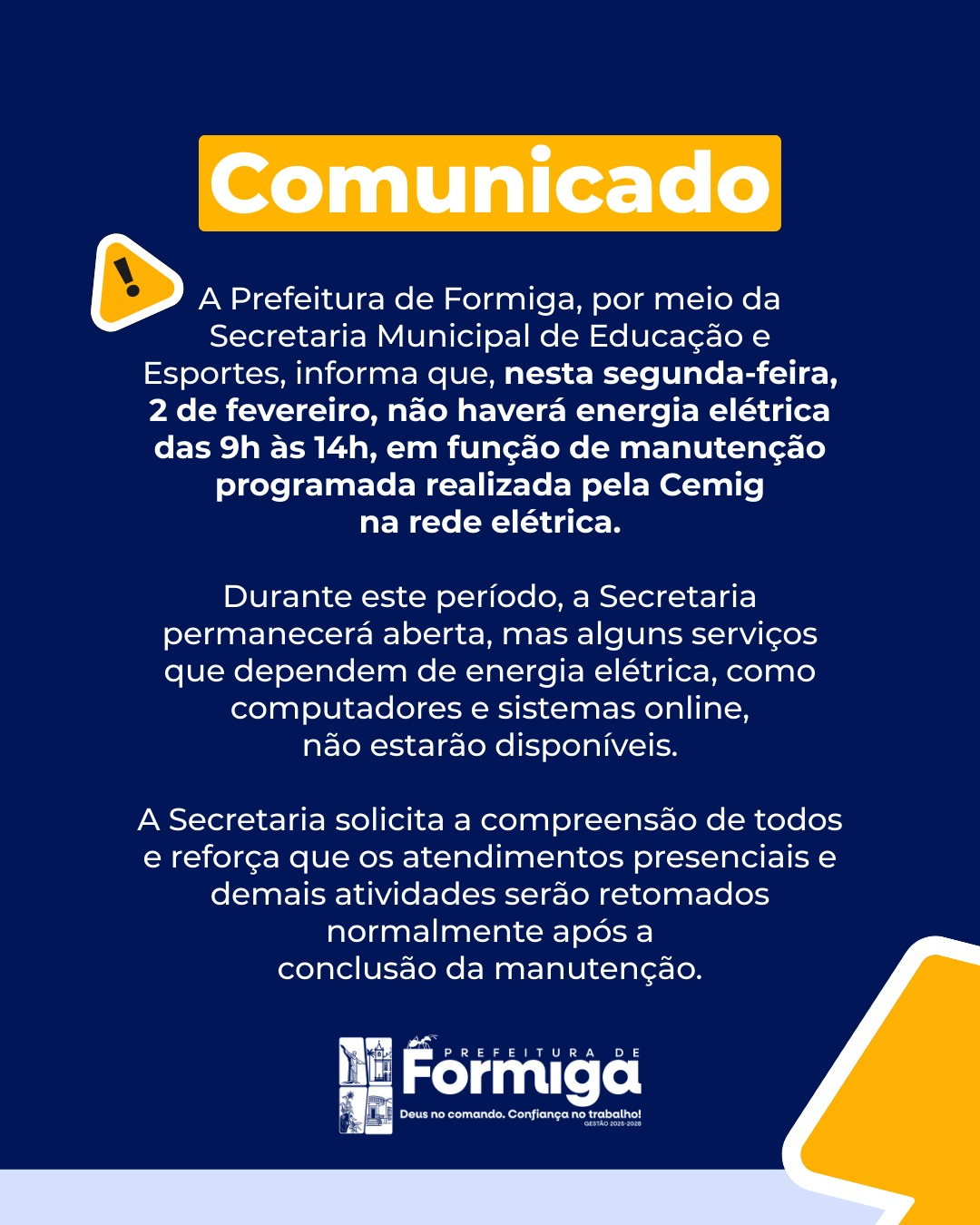 Secretaria de Educação terá suspensão temporária de energia nesta segunda-feira