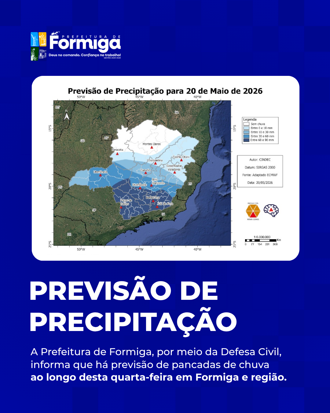 Defesa Civil alerta para risco de temporais e chuvas intensas nesta quarta-feira em Formiga e região