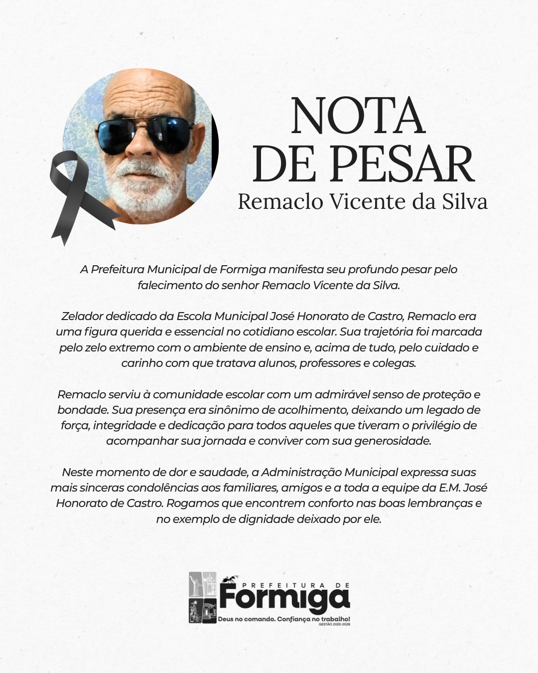 Prefeitura de Formiga manifesta pesar pelo falecimento de Remaclo Vicente da Silva