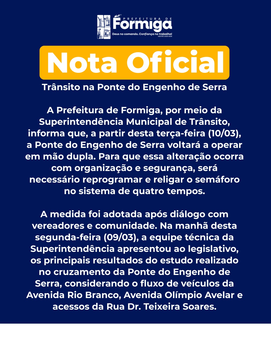 Nota Oficial - Trânsito na Ponte do Engenho de Serra