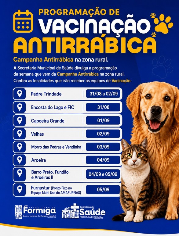Vacinação Antirrábica continua na zona rural de Formiga entre os dias 31 de agosto e 5 de setembro