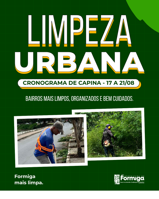 Prefeitura de Formiga divulga cronograma de capina para o período de 17 a 21 de agosto