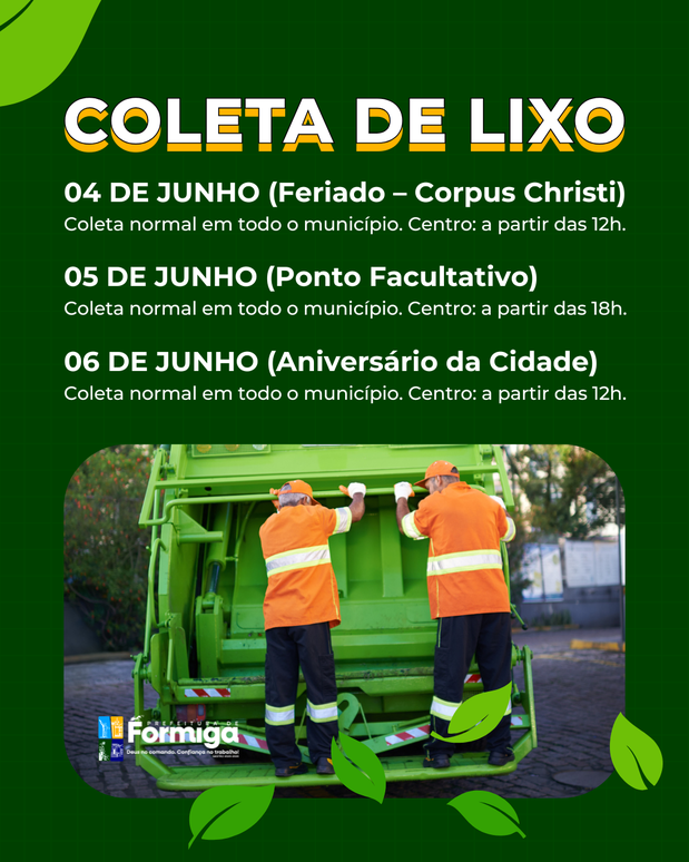 Prefeitura de Formiga informa funcionamento da coleta de lixo durante feriados e ponto facultativo