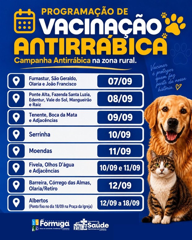 Vacinação Antirrábica continua na zona rural de Formiga entre os dias 7 e 18 de setembro