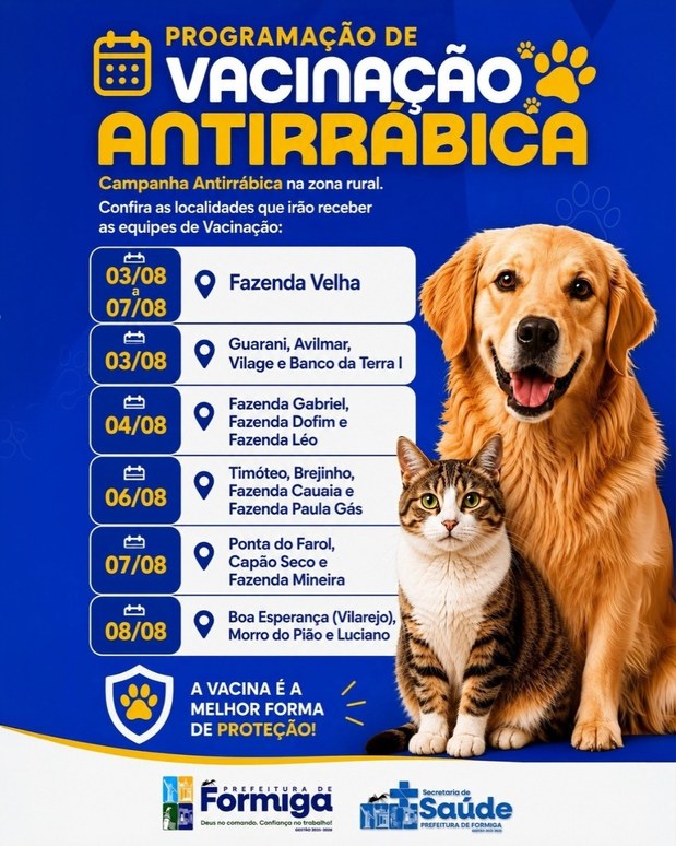 Prefeitura divulga programação da vacinação antirrábica na zona rural de Formiga