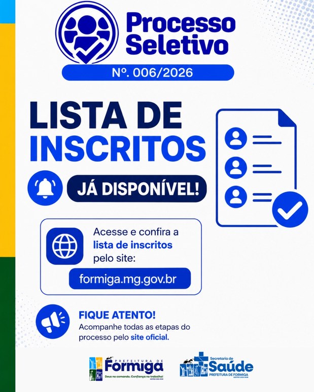 Prefeitura de Formiga divulga relação final de inscritos do Processo Seletivo nº 006/2026