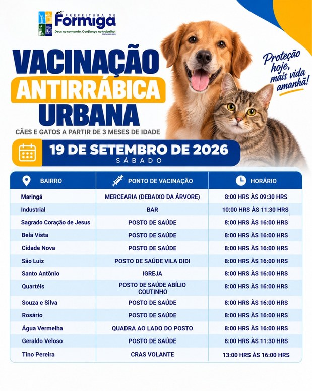 Campanha de Vacinação Antirrábica Urbana acontecerá nos dias 19 e 26 de setembro