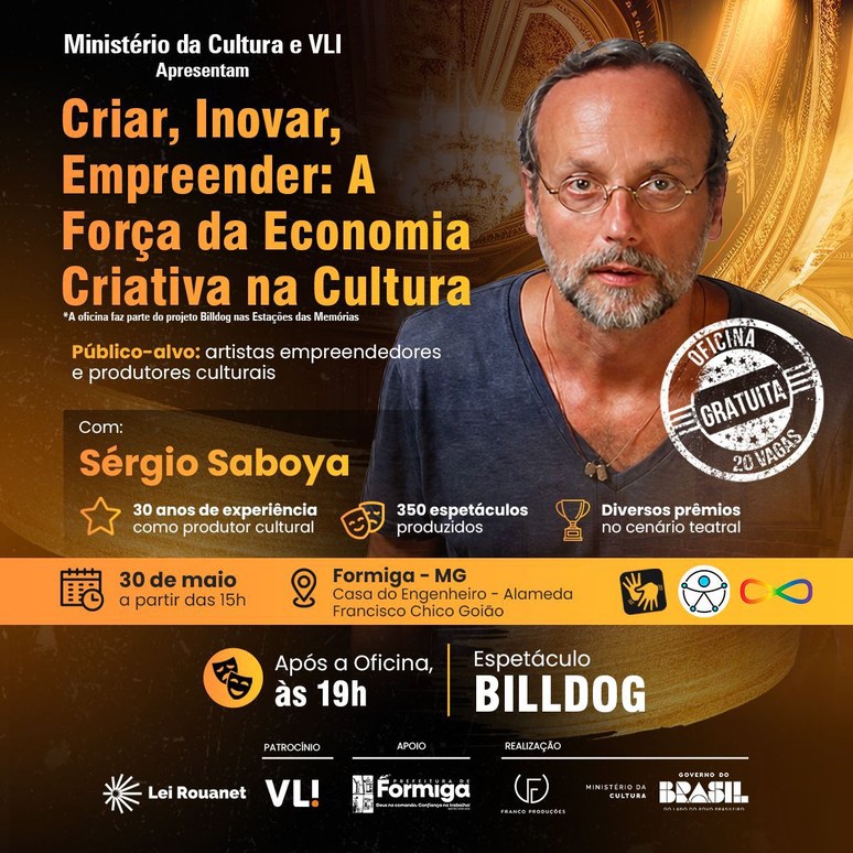Prefeitura de Formiga convida para oficina cultural e espetáculo gratuito do projeto Billdog