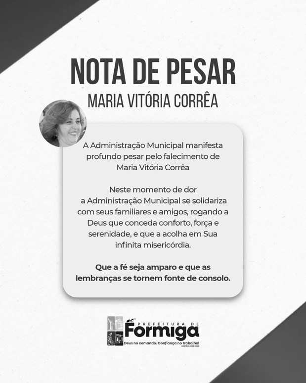 Prefeitura de Formiga manifesta pesar pelo falecimento de Maria Vitória Corrêa
