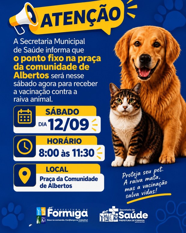 Vacinação antirrábica será realizada neste sábado (12) na comunidade de Albertos