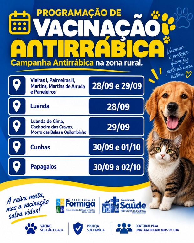 Vacinação Antirrábica continua na zona rural: confira a programação de 28 de setembro a 2 de outubro
