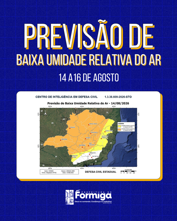 Defesa Civil alerta para baixa umidade do ar entre 14 e 16 de agosto