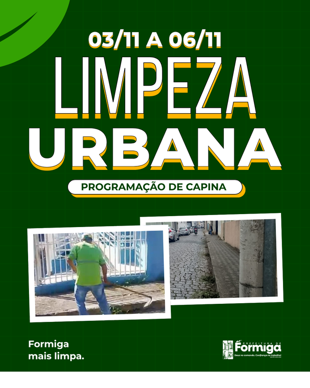 Prefeitura de Formiga divulga programação dos serviços de capina de 3 a 6 de novembro