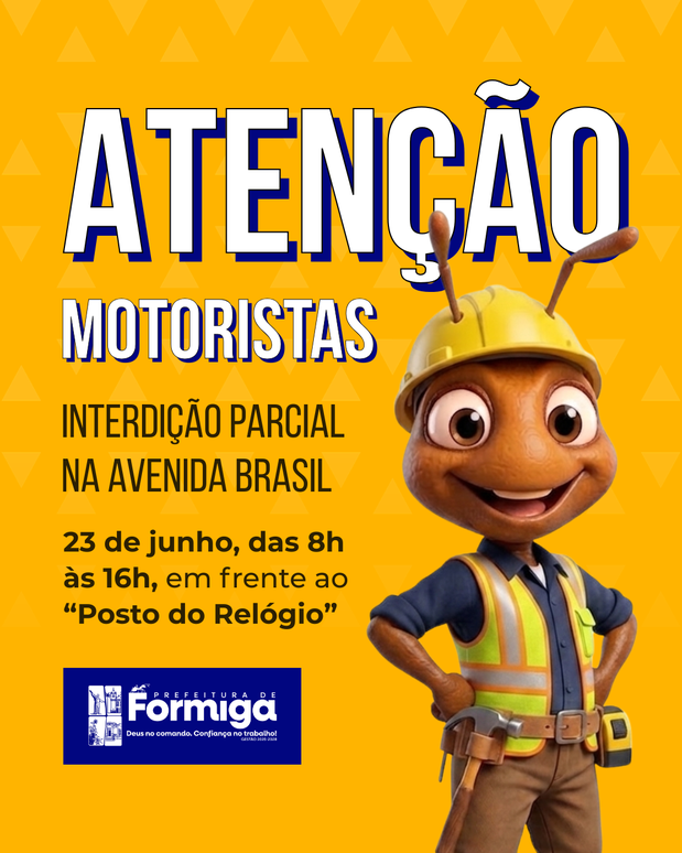 Prefeitura de Formiga informa interdição parcial na Avenida Brasil na próxima terça-feira (23)
