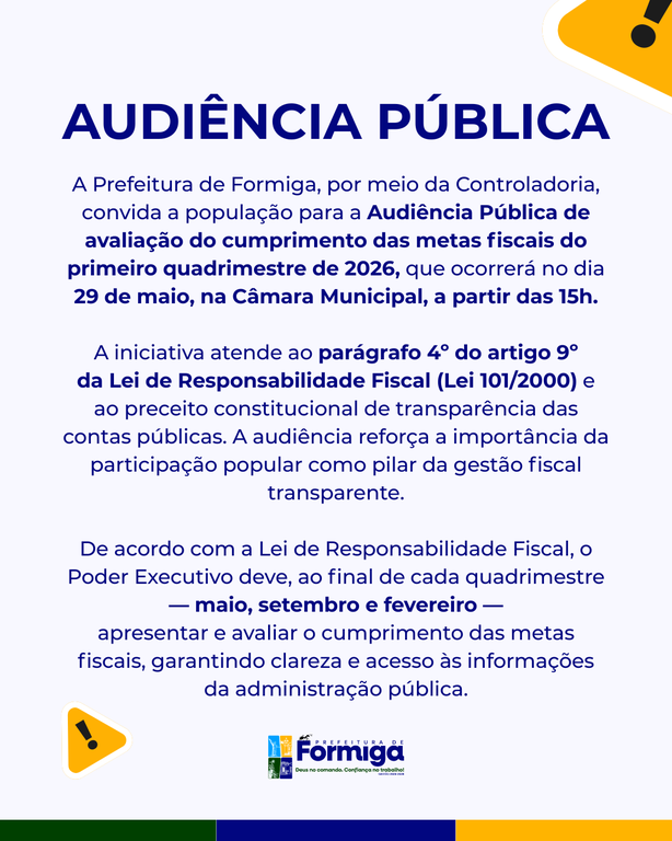 Prefeitura de Formiga realiza Audiência Pública para avaliação das metas fiscais do 1º quadrimestre de 2026