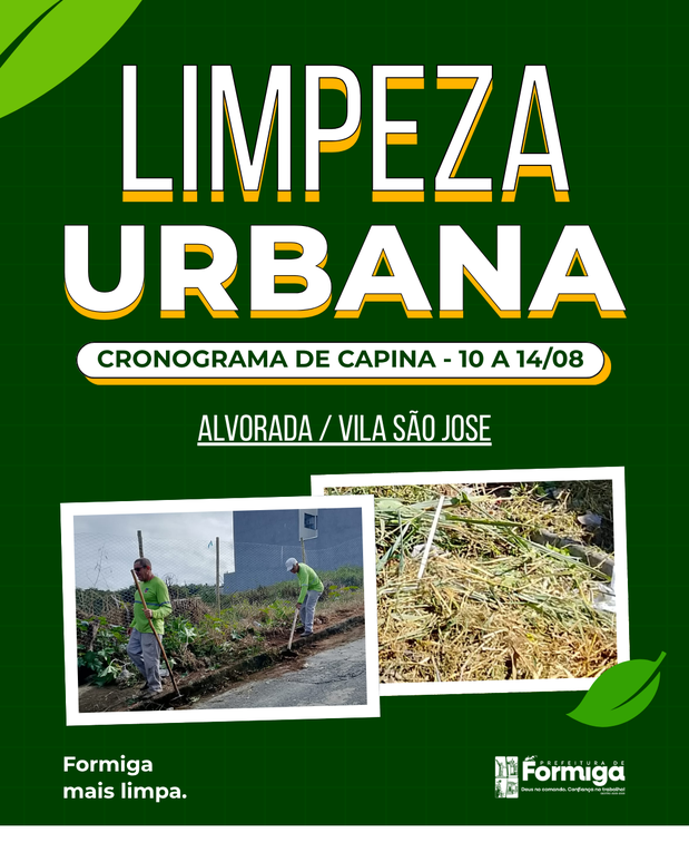 Prefeitura de Formiga divulga cronograma de capina para o período de 10 a 14 de agosto