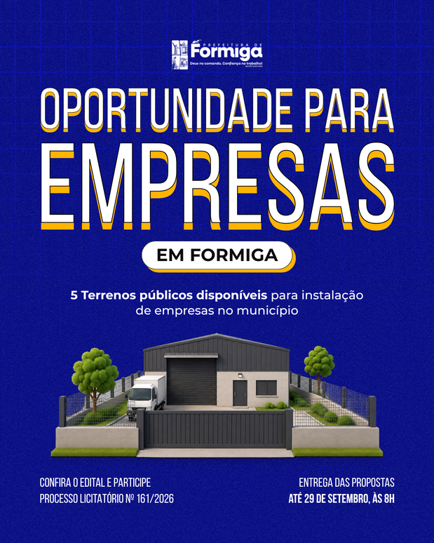 Prefeitura de Formiga abre licitação para doação de cinco terrenos públicos destinados à instalação de empresas