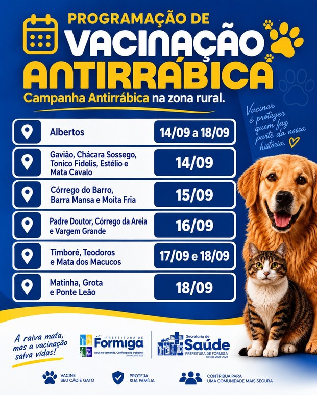 Vacinação Antirrábica continua na zona rural: confira a nova programação de 14 a 18 de setembro