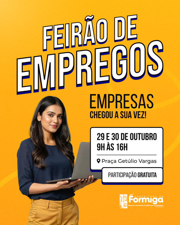 Prefeitura de Formiga e ACIF CDL convidam empresas para o Feirão de Empregos nos dias 29 e 30 de outubro