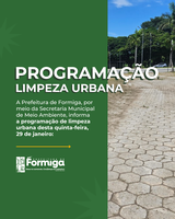 A Prefeitura de Formiga informa que a limpeza urbana desta quinta-feira (29) ocorre nas ruas próximas ao ABC, com possibilidade de ajustes conforme as condições.