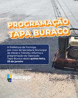 A Prefeitura de Formiga informa a programação da  Operação Tapa-Buraco desta quinta-feira (29), com possibilidade de ajustes conforme as condições.